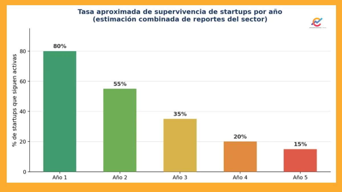 Estimación combinada de reportes del sector sobre la proporción de startups que siguen activas año a año.