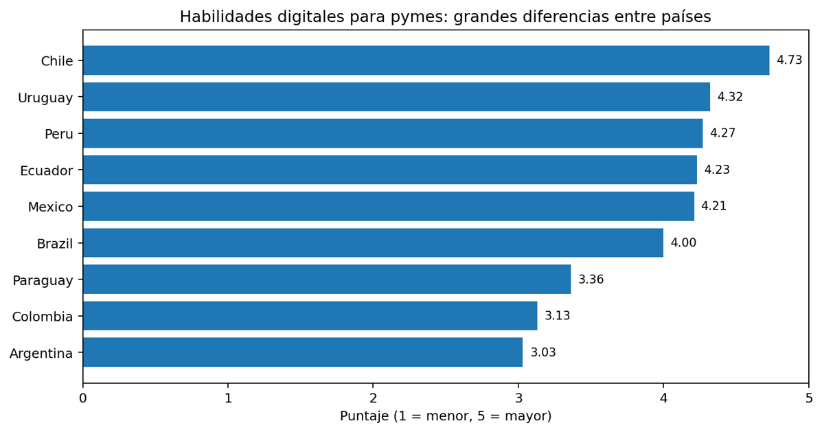 Habilidades digitales: diferencias de preparación entre países. Fuente: OECD/CAF/SELA, SME Policy Index 2024.
