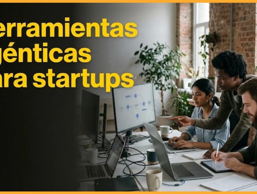 Fundadores de una startup usando herramientas agénticas de IA en una laptop