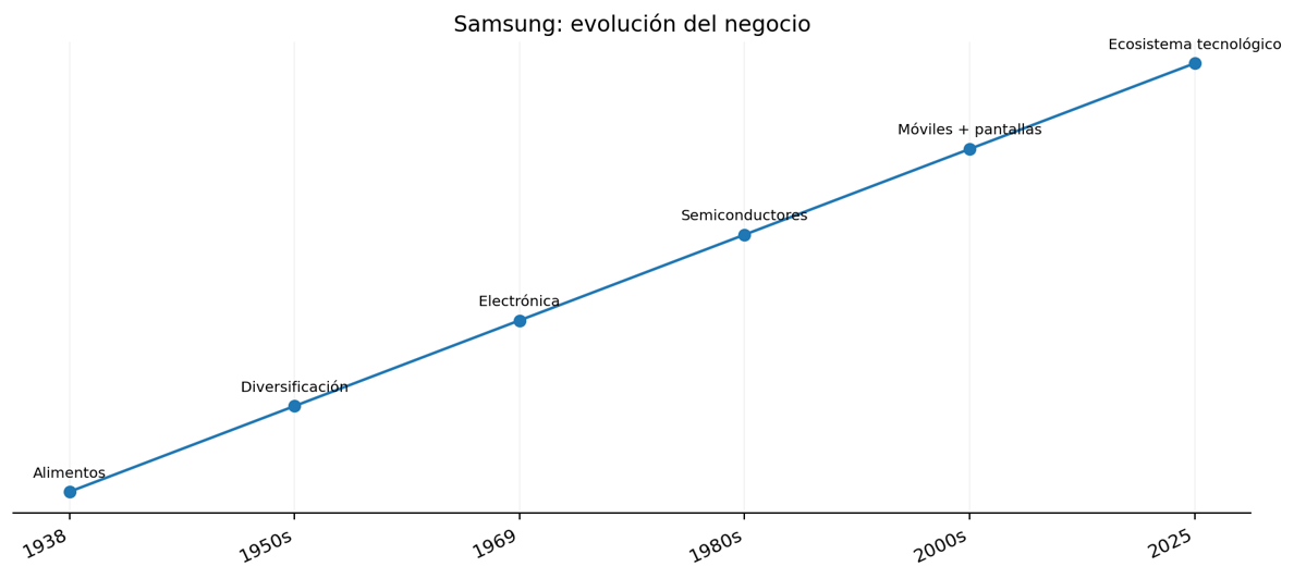 evolución resumida del negocio. La escala vertical es conceptual y representa etapas, no magnitudes financieras.