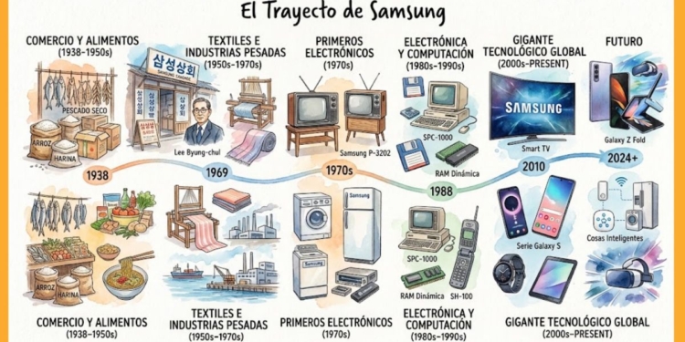 Samsung nació en 1938 como una tienda de alimentos en Corea. Conoce a Lee Byung-chul, sus primeros negocios y cómo la compañía llegó a dominar electrónica y semiconductores.